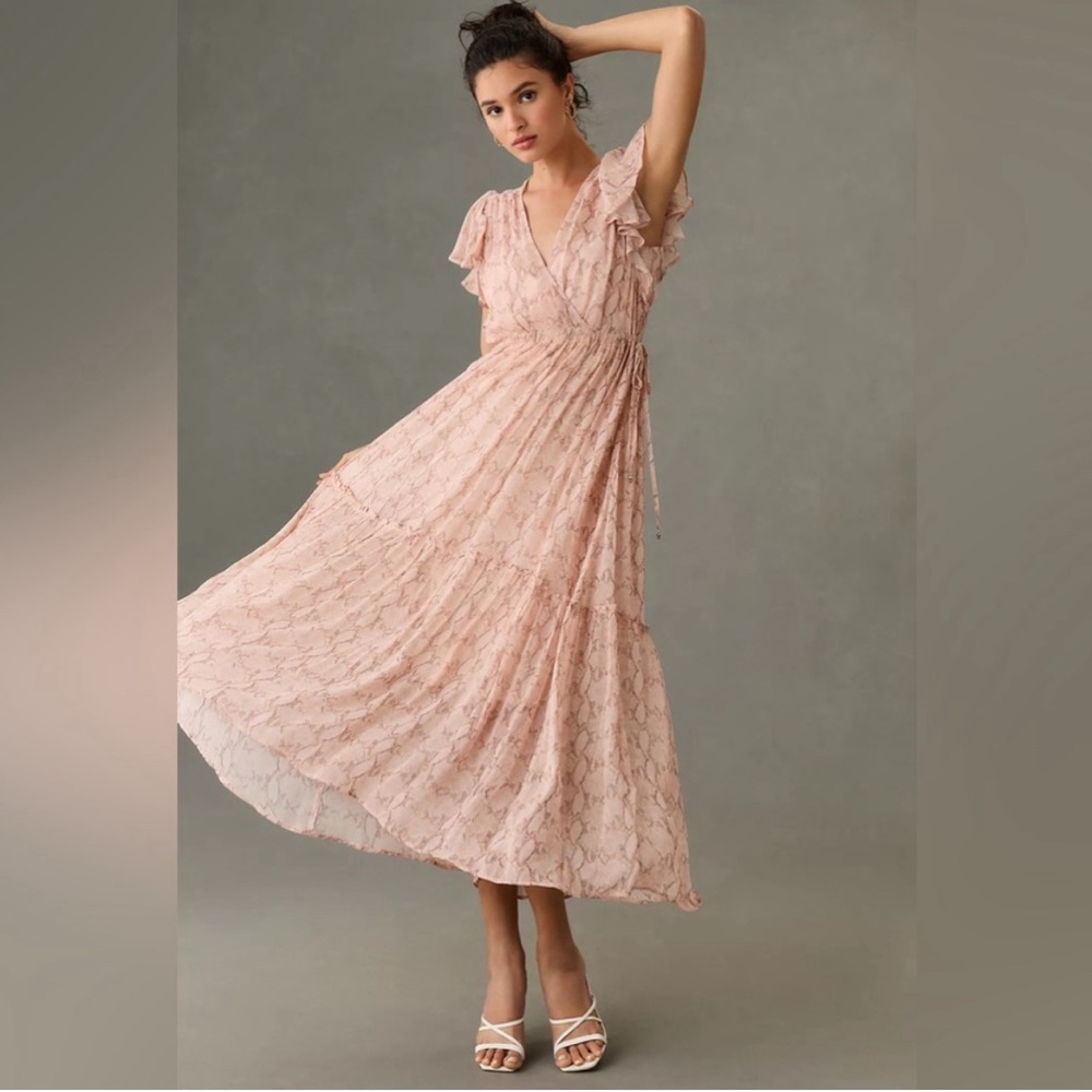 Anthropologie Midi V-Neck Flutter Sleeve Dress Size Medium - Picture 4 of 16